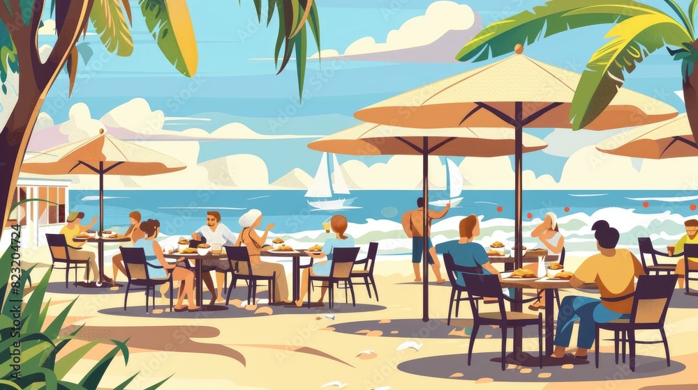A Beachside Cafe With Patrons Enjoying Coffee And Pastries Under Umbrellas, Cartoon ,Flat color
