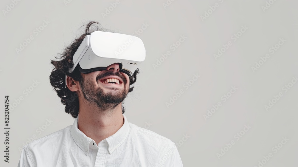 A man joyfully explores a virtual reality world through white goggles on a flat white background. Generative AI A man joyfully explores a virtual reality world through white goggles on a flat white background. Generative AI