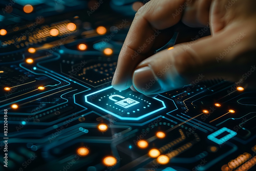 Person touching circuit board with finger Person touching circuit board with finger