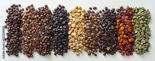 Assorted coffee beans in various stages of roasting displayed in neat rows  showing a spectrum of colors and textures.