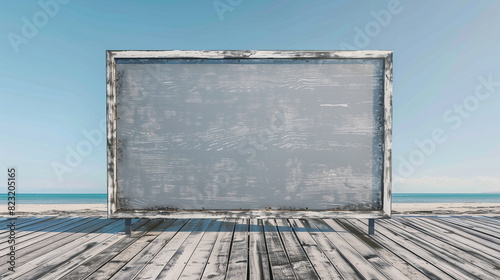 Under a blue sky, a classic grey stain adorns a blank birch wood signboard on beach wooden flooring. photo