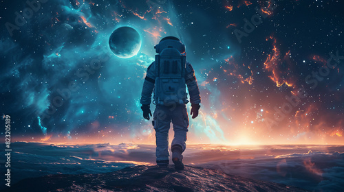 Futuristic cosmonaut walking on a distant planet, with glowing stars and planets photo