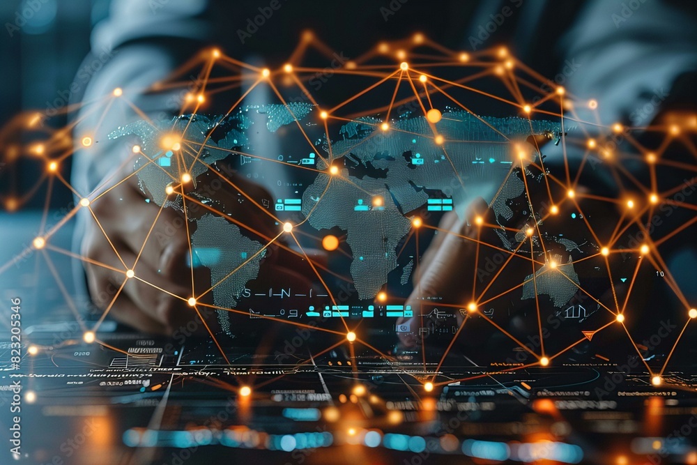 Obraz premium Person typing laptop world map background