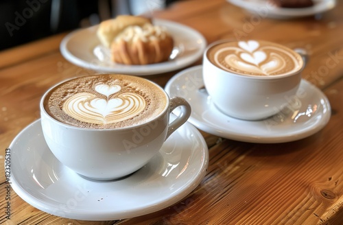 A closeup of two cups of cappuccino  one with heart-shaped latte art and the other with plain milk foam on top  placed next to each other in white saucers atop an oak table at a cafe