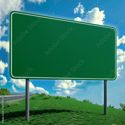 Large blank green road sign on a curvy road, framed by lush grass and a sky scattered with fluffy clouds.