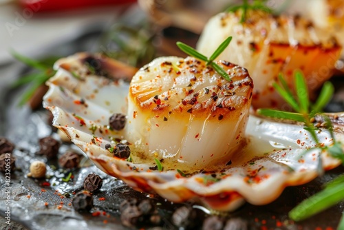 Baked Scallop in Scallops Shell, Gourmet Seafood Exquisitely Served on Sea Pebbles Closeup
