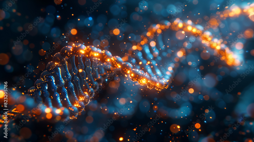 A vivid representation of a DNA strand illuminated by glowing particles, floating in a cosmic-like environment, capturing the essence of life’s building blocks A vivid representation of a DNA strand illuminated by glowing particles, floating in a cosmic-like environment, capturing the essence of life’s building blocks