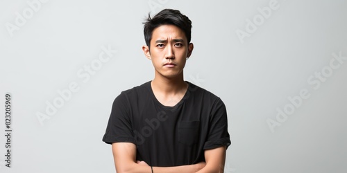 White background sad asian man realistic person portrait of young teenage beautiful bad mood expression boy Isolated on Background depression anxiety fear burn out health photo
