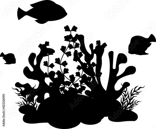 Coral And Seaweed With Fish Silhouette
