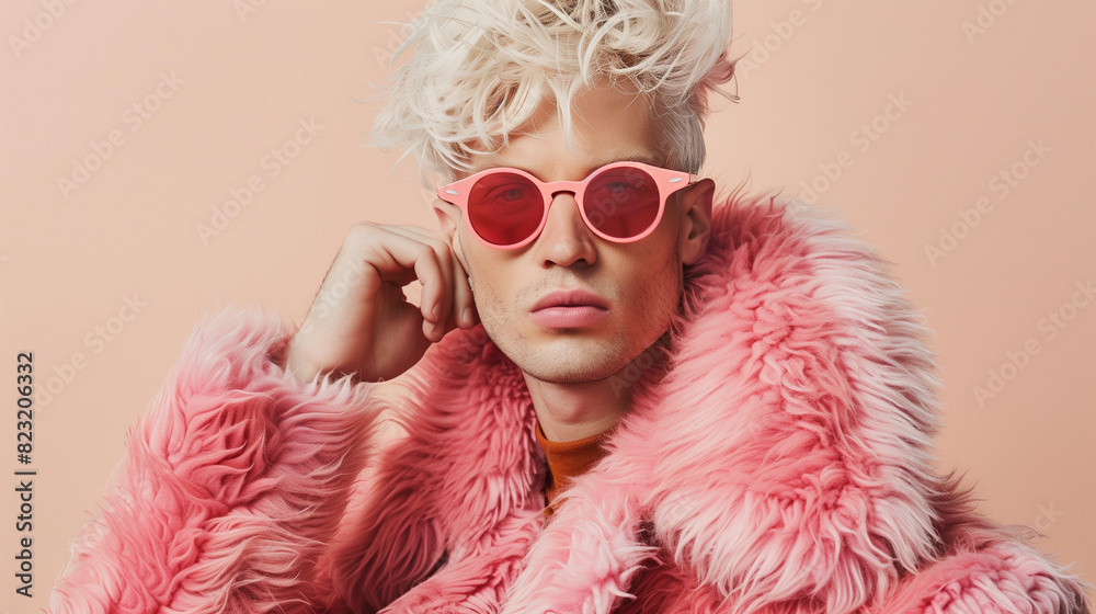 A man with radiant blonde hair exudes confidence as he dons stylish pink sunglasses, emanating a bold and playful energy A man with radiant blonde hair exudes confidence as he dons stylish pink sunglasses, emanating a bold and playful energy
