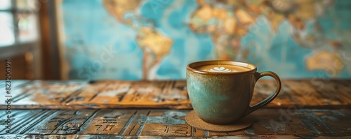 Cozy coffee cup on rustic wooden table with world map backdrop. Inviting ambiance perfect for travel enthusiasts and coffee lovers alike.