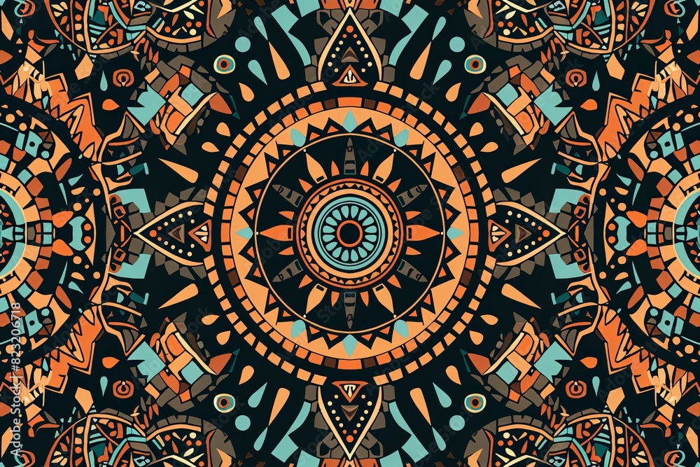 A seamless pattern with a digital illustration of tribal patterns, their vibrant colors and intricate designs creating an exotic atmosphere.