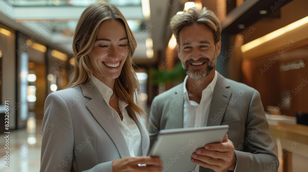 Happy businesswoman and businessman using tablet in the office. The businessman was showing the digital screen to the woman while standing together at the hotel reception. Generative AI. Happy businesswoman and businessman using tablet in the office. The businessman was showing the digital screen to the woman while standing together at the hotel reception. Generative AI.