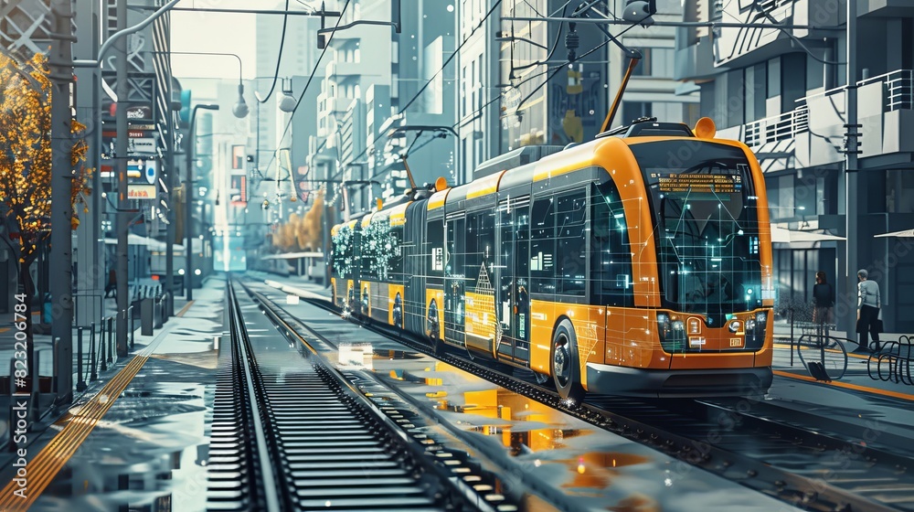 A yellow train is on the tracks in a city A yellow train is on the tracks in a city
