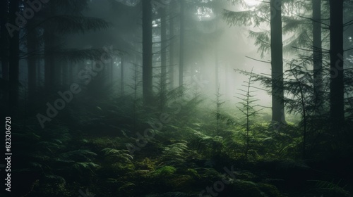 Misty woodland morning landscape