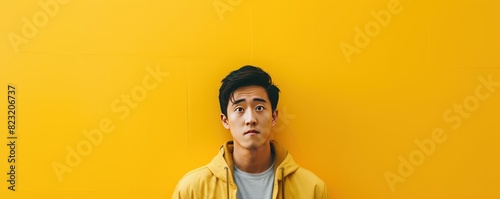 Yellow background sad asian man realistic person portrait of young teenage beautiful bad mood expression boy Isolated on Background depression anxiety fear burn photo