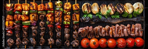 Grilled Lule Kebab, Barbecue Vegetables, Fish on Grill Big Set, Skewered Bbq Minced Meat Mix © artemstepanov