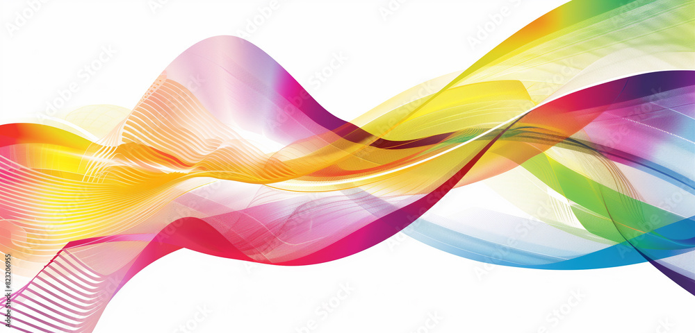 Colorful lines of varying hues intertwine and flow in a mesmerizing wave pattern against a bright white background Colorful lines of varying hues intertwine and flow in a mesmerizing wave pattern against a bright white background