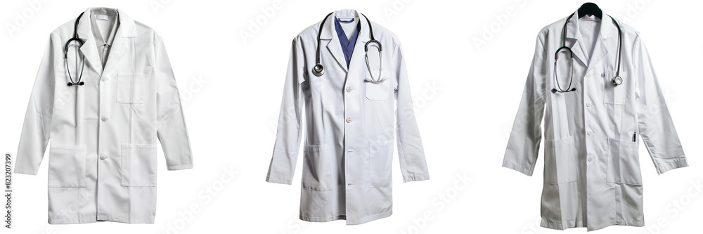 Set of Medical Doctor Coats with Stethoscopes on Transparent Background Set of Medical Doctor Coats with Stethoscopes on Transparent Background