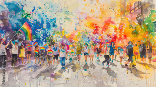 A colorful watercolor painting depicting a lively pride parade with individuals of various ages and backgrounds marching together, surrounded by splashes of rainbow hues and festive decorations photo