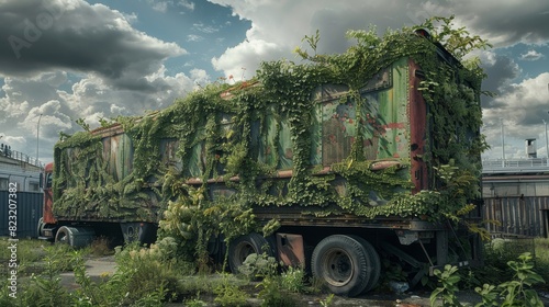 A truck covered in vines and leaves photo