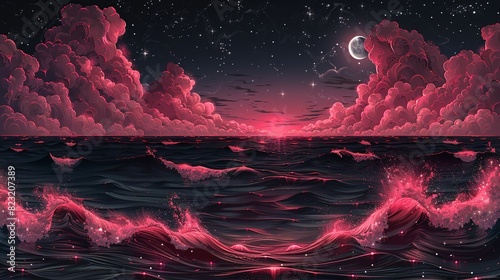 Wallpaper Illustration, Pink and Black Ocean Night Scene: A serene illustration of a black ocean with pink waves, under a sky filled with stars and a crescent moon. Illustration image, photo