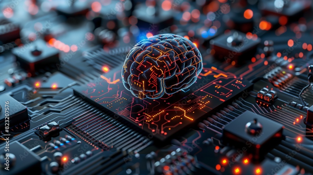 A glowing brain sits on a circuit board, representing the intersection of technology and intelligence. A glowing brain sits on a circuit board, representing the intersection of technology and intelligence.
