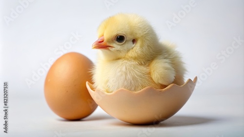 A fluffy yellow chick sits inside a cracked eggshell, with a whole egg beside it.