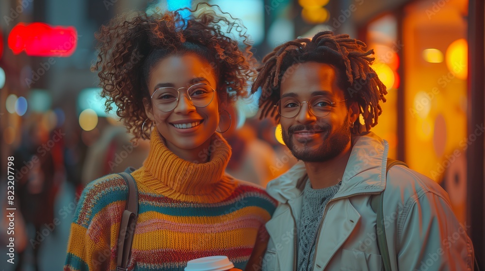 A young couple smiles brightly at the camera, standing on a bustling city street at night A young couple smiles brightly at the camera, standing on a bustling city street at night