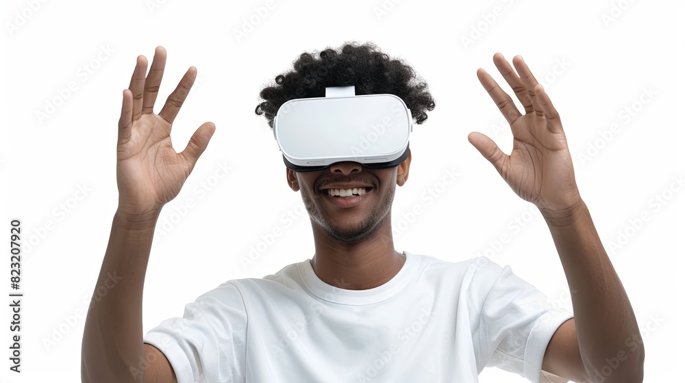 A man ecstatically experiences virtual reality through his white headset, isolated on a flat white background. Generative AI A man ecstatically experiences virtual reality through his white headset, isolated on a flat white background. Generative AI