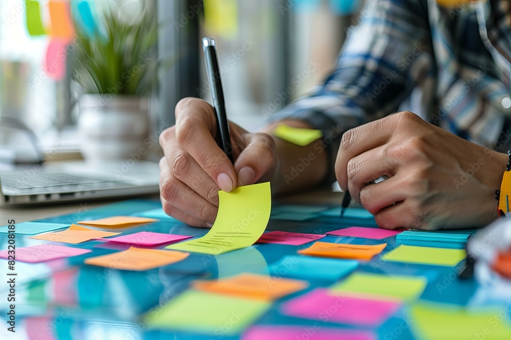 Person writing sticky note pen Person writing sticky note pen