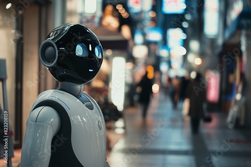 Robot with headphones stands outside a store, AI-generated.