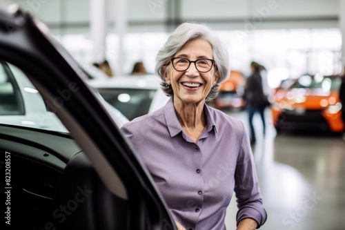 Happy mature woman buying a car in a showroom. Happy senior woman looking at car interior while shopping in a showroom