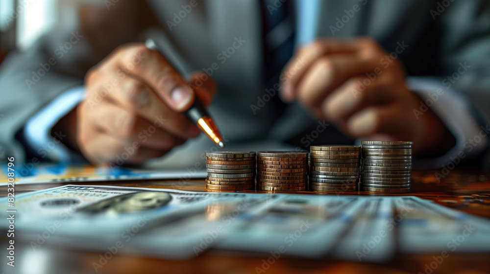 Businessman counting and stacking coins on a table. Businessman counting and stacking coins on a table.