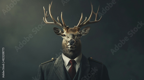 Military man in a suit with a deer head. Generative Ai photo