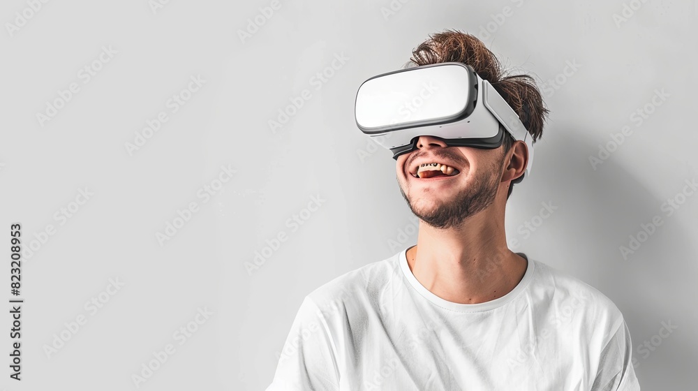 A man wearing VR glasses, lost in a digital world, smiles with wonder on a white background. Generative AI A man wearing VR glasses, lost in a digital world, smiles with wonder on a white background. Generative AI