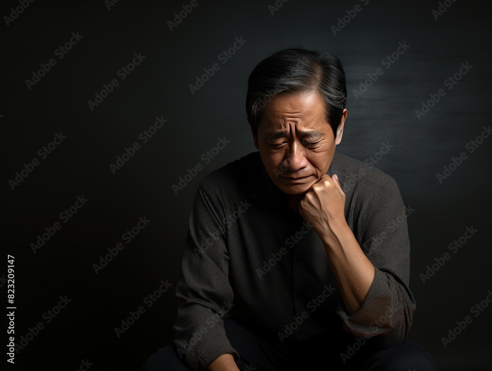 Bronze background sad Asian man. Portrait of older mid-aged person beautiful bad mood expression boy Isolated on Background depression anxiety fear burn out health issue 