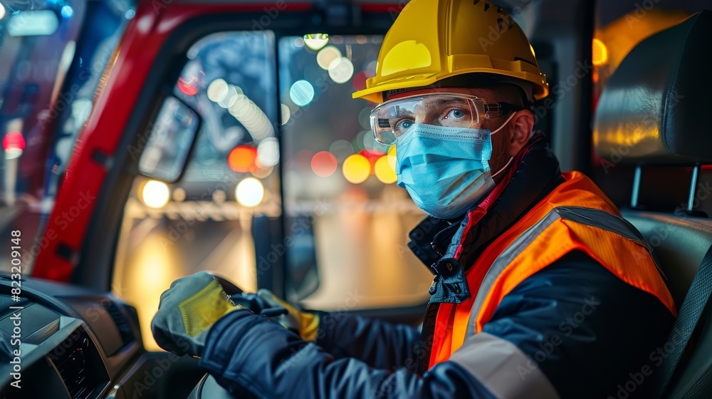 A man in a yellow helmet and orange vest is driving a truck A man in a yellow helmet and orange vest is driving a truck
