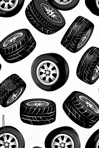 Seamless Black Car Tire Silhouette Pattern on White Background, Auto Wheel Wallpaper