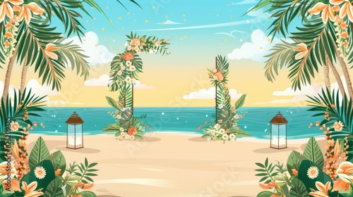 A Beachside Wedding With A Beautiful Setup And Floral Arrangements  Cartoon  Flat color