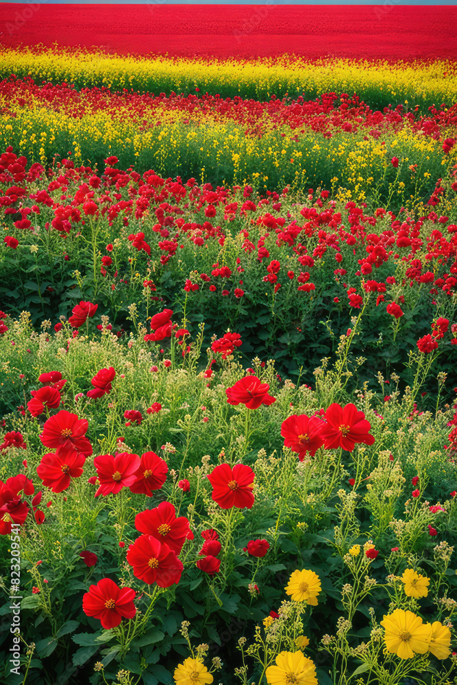 Red flower blooming in June. Colorful summer view of field of blossom colza. Amazing morning scene of countryside. Beauty of nature concept background. Red flower blooming in June. Colorful summer view of field of blossom colza. Amazing morning scene of countryside. Beauty of nature concept background.