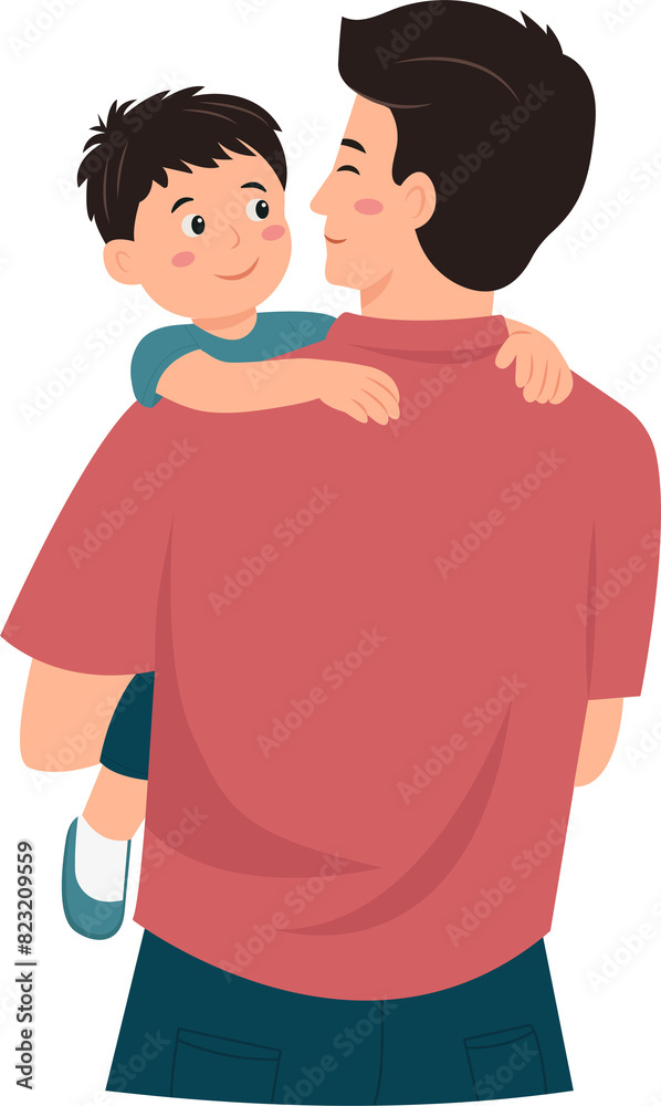 Happy father and son concept. Young positive father holding little son on hands. Father's Day. Vector illustration Happy father and son concept. Young positive father holding little son on hands. Father's Day. Vector illustration