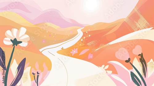 an abstract minimalist boho illustration of A path winding through a beautiful  blossoming landscape  leading towards a bright horizon