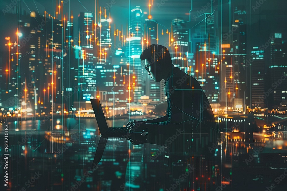 Man working on laptop on city ledge at night Man working on laptop on city ledge at night