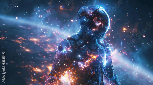 Futuristic man in a helmet, gazing at the cosmos with a glowing purple backdrop