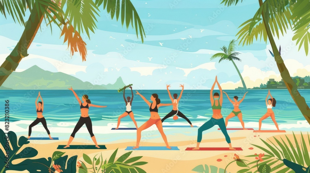 A Beachside Yoga Class With Participants In Various Poses, Cartoon ,Flat color