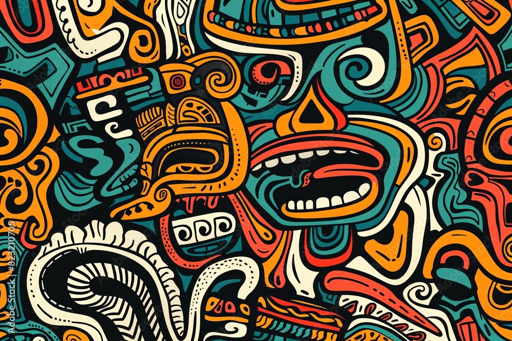 A vibrant and colorful pattern filled with intricate doodles inspired.