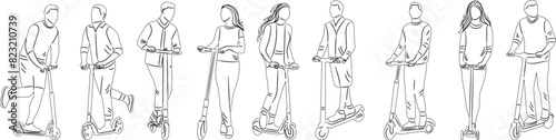 people on scooters set sketch on white background vector