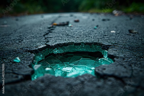 Abstract Concept of a Road Pothole with Shattered Glass - Urban Decay and Dangerous Road Conditions