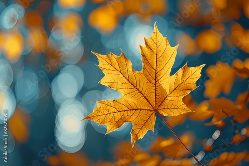Yellow autumn leaf on branch with blue blurred background